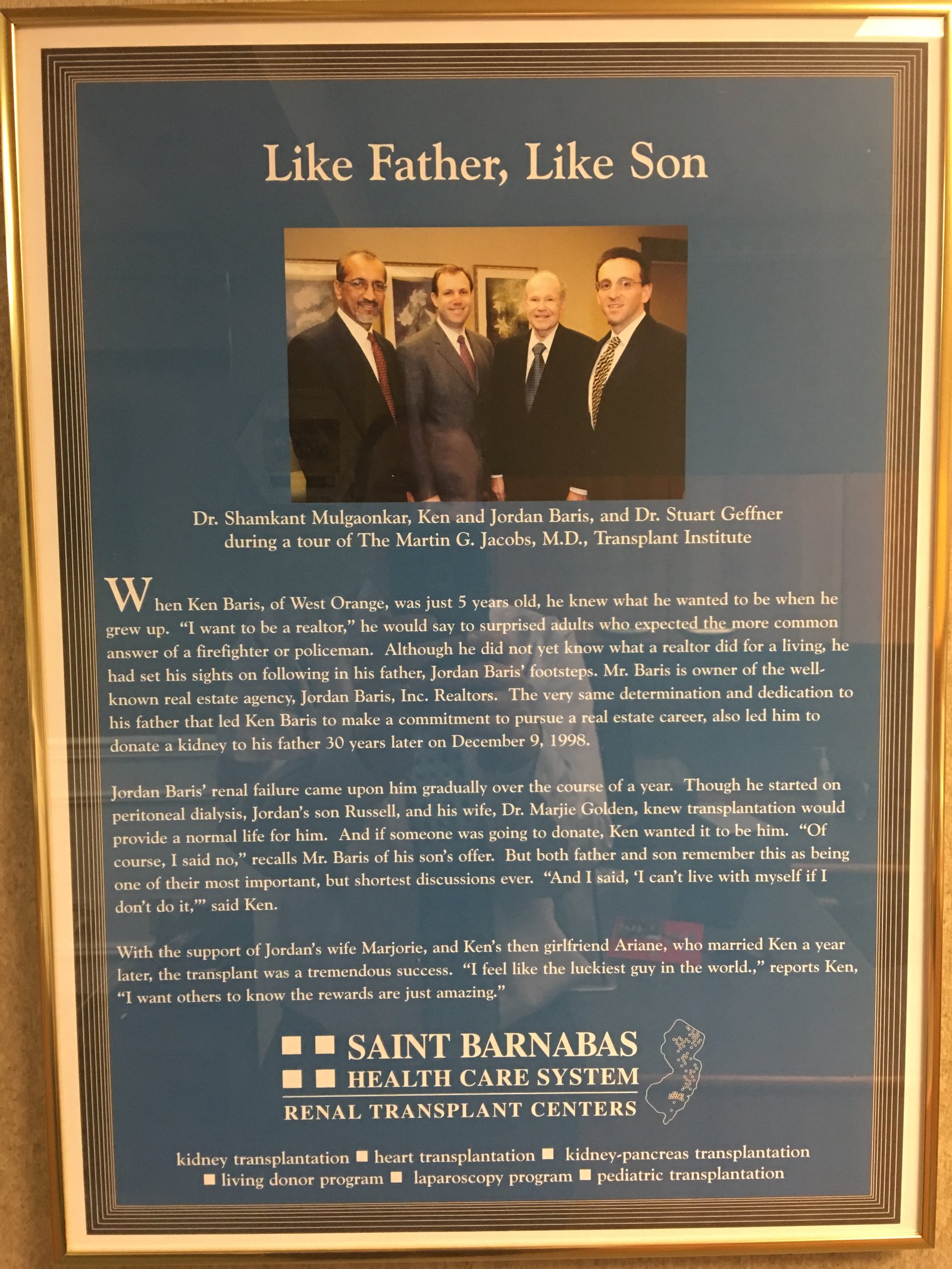 ‘Like Father, Like Son’ — the Saint Barnabas Renal Transplant Centers feature honoring the Baris family