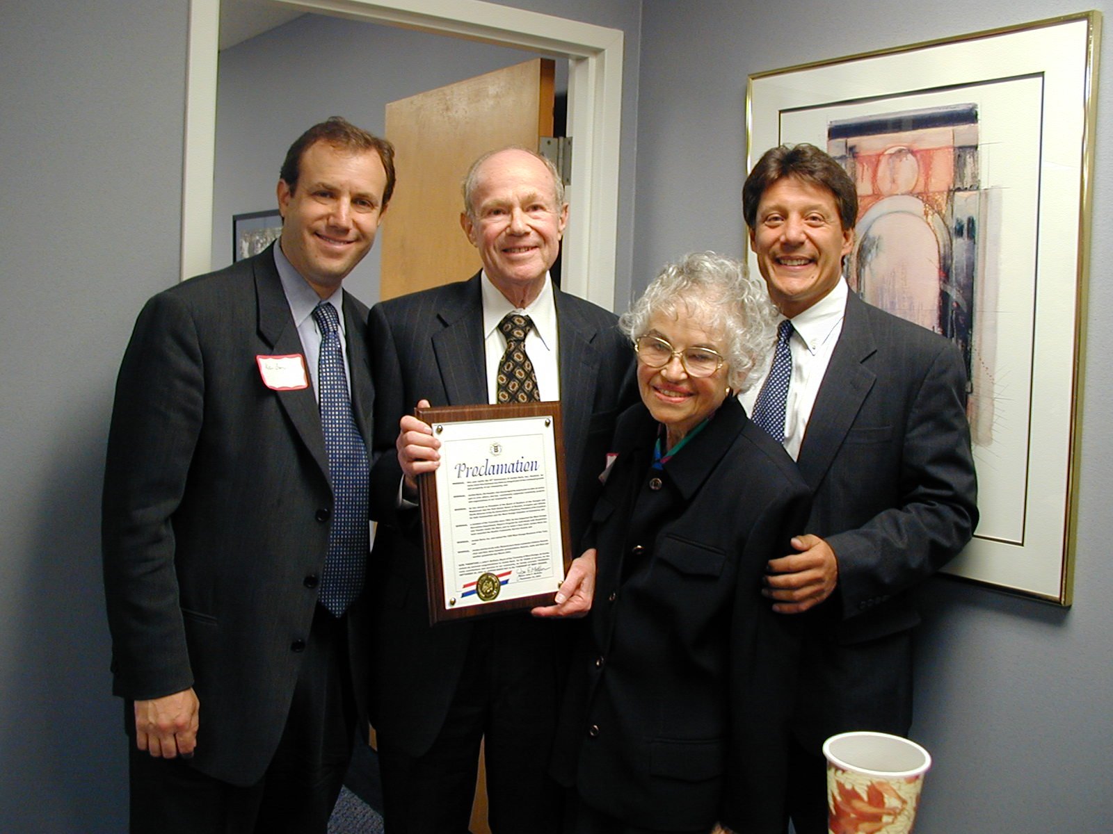 Ken, Jordan, and Marjorie Baris with Mayor John McKeon and the ‘Jordan Baris Day’ proclamation, 2002