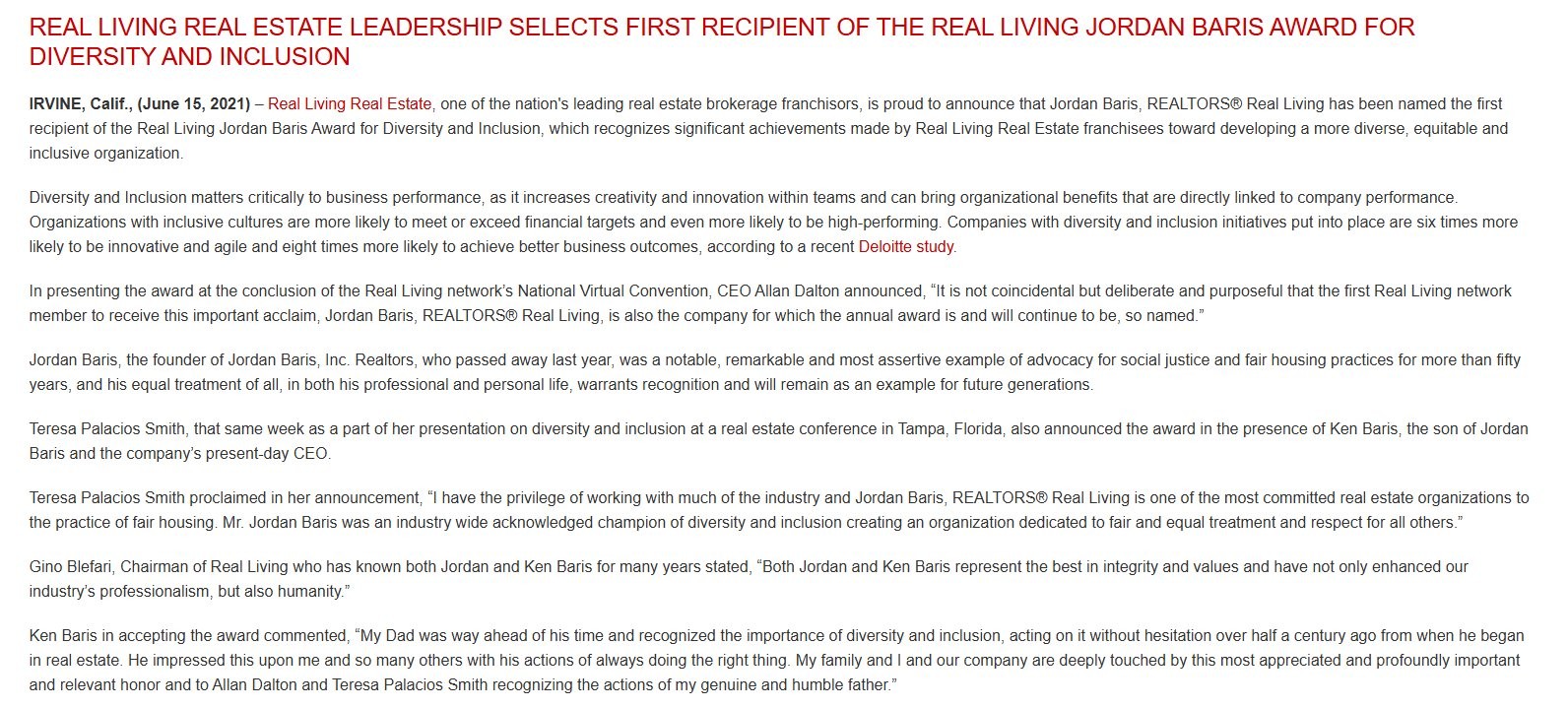 Real Living Real Estate’s announcement of the firm as the first recipient of the Jordan Baris Award for Diversity and Inclusion, June 15, 2021