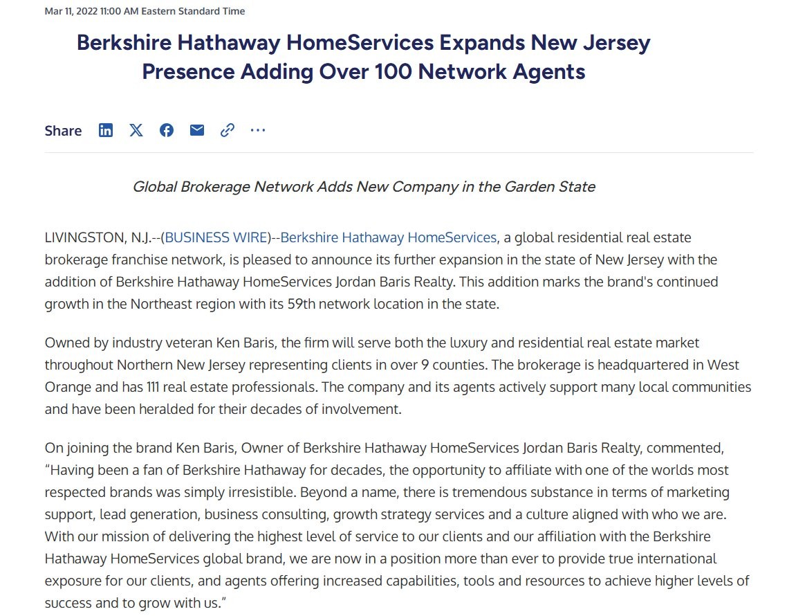 The BusinessWire announcement of BHHS Jordan Baris Realty, March 11, 2022